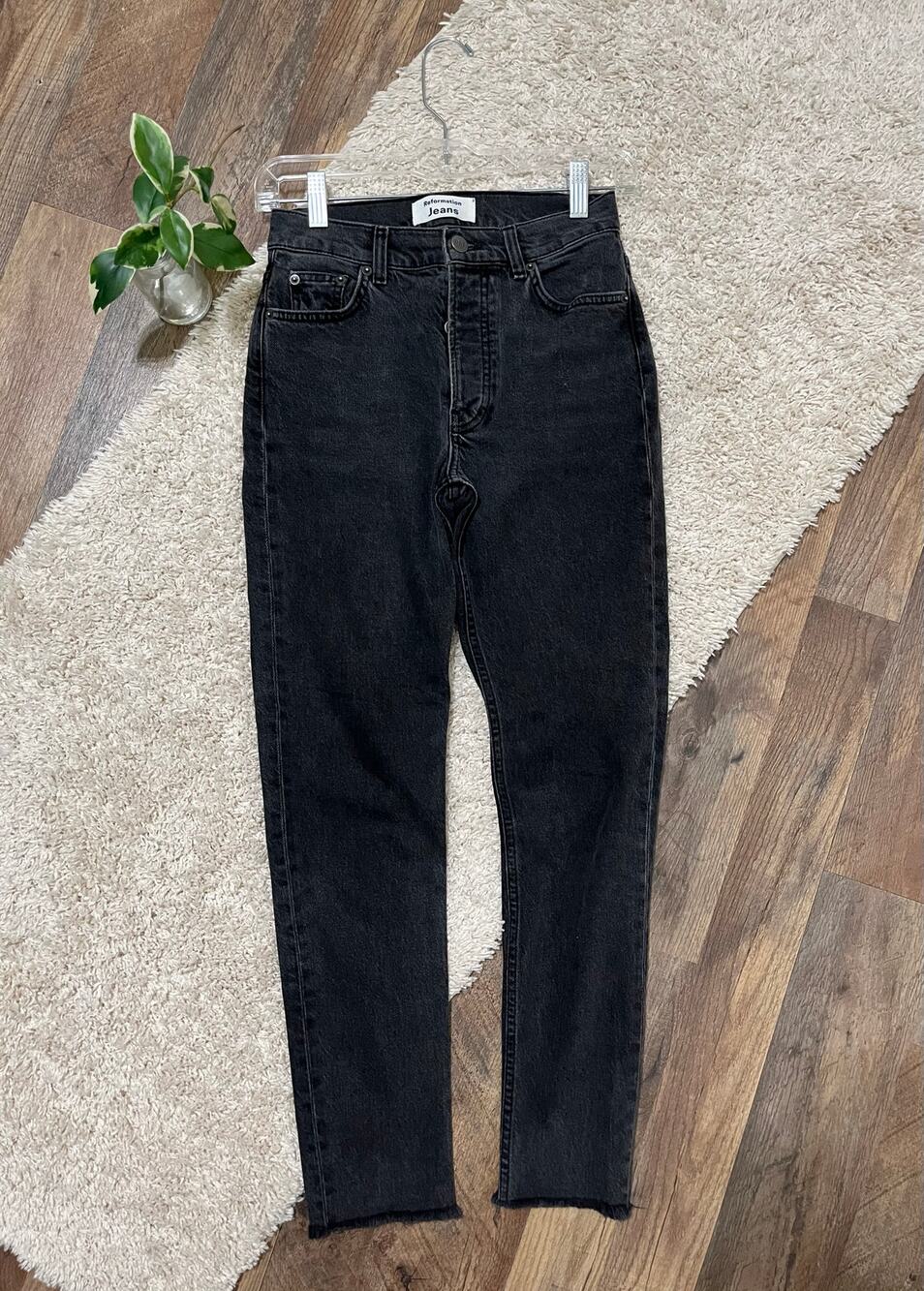 Reformation 24 Edgy Washed Black Erie Raw Hem High-Rise Button Fly Skinny Jeans